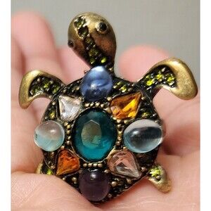 UNIQUE TURTLE DESIGN BRASS RING WITH MULTI Stone TOP, SIZE 8.75